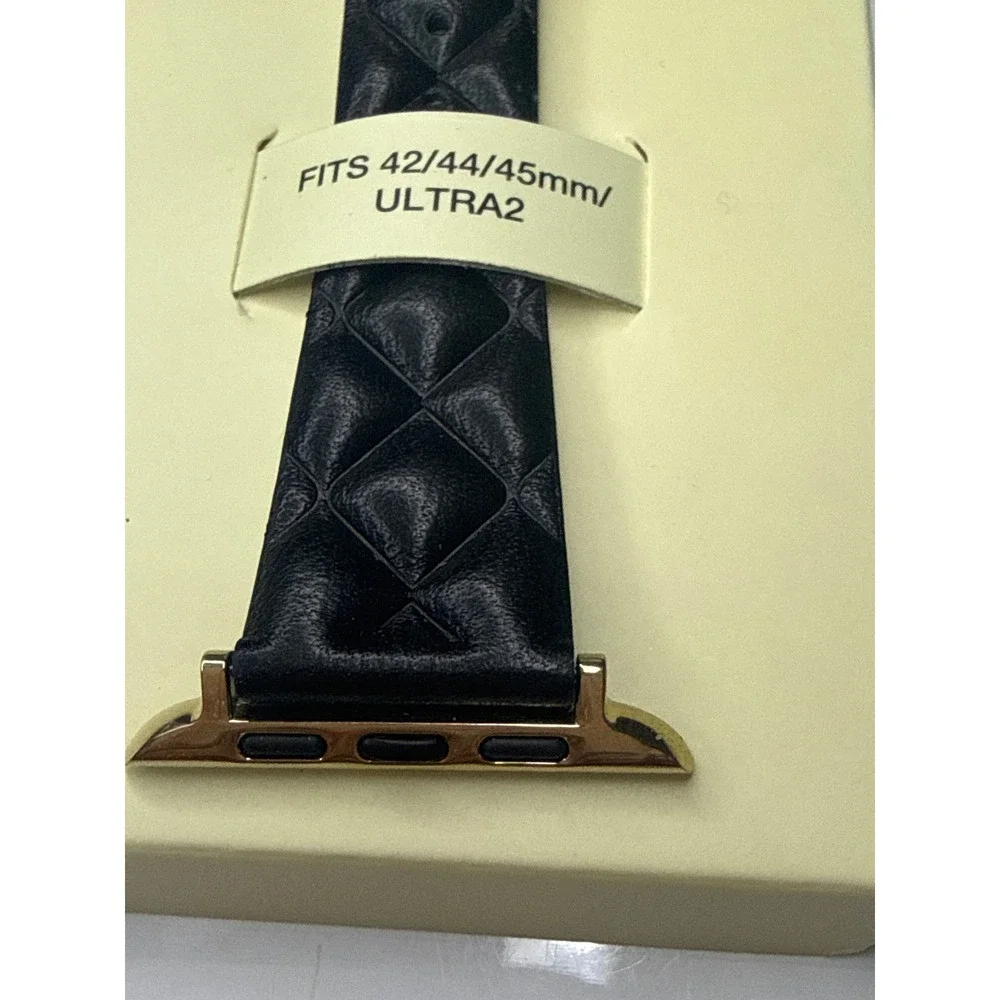 Anne Klein Black Quilted Leather Apple Watch Band 42/44/45mm Ultra 2 Gold Tone